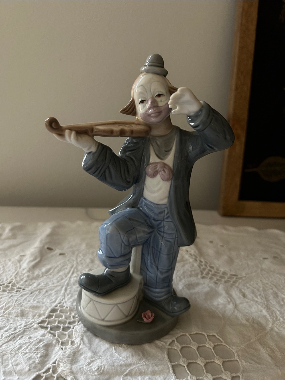 Vintage Blue and Gray Clown Musician Porcelain Figurine